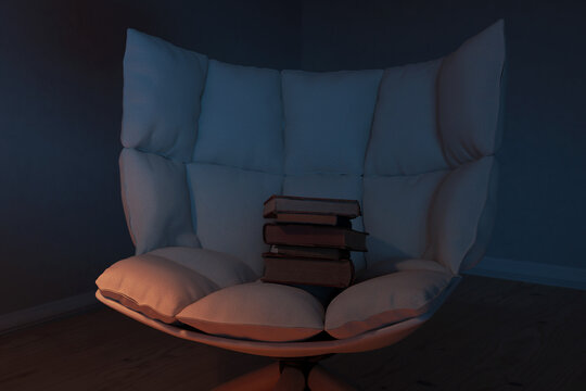 3d rendering of a cozy armchair filled with old stacked books at night