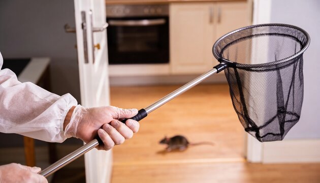 A pest control worker in protective gear holds a net, aiming to capture a mouse inside a residence.