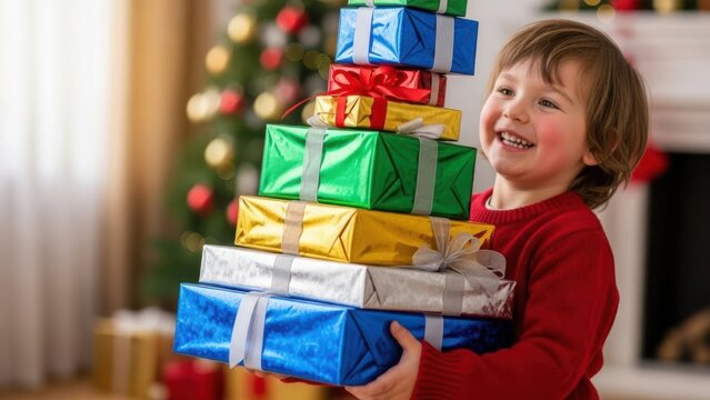Young child holds a tall stack of wrapped gifts near a glowing holiday tree at home Wallpaper Background image