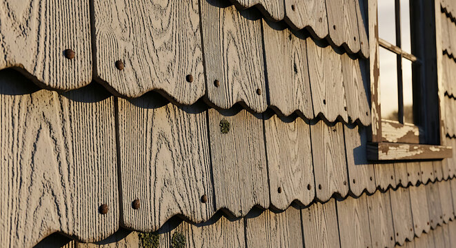 Closeup view of weathered asbestos siding shingles on an old house exterior showcasing scalloped edges and wood grain texture for remediation and inspection services