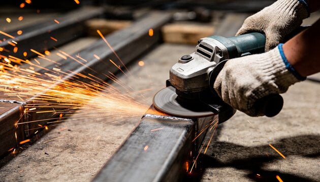 A close-up view of a metal worker using a handheld power grinder to smooth a steel frame piece.