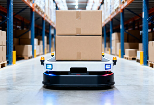 An autonomous mobile robot carrying two stacked cardboard boxes in a large industrial warehouse.