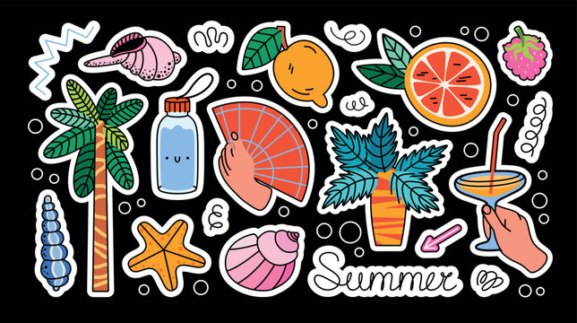 Cartoon summer stickers and labels. Printable set of vector designs. Vacation, summer season, tropics, palm trees, shells, human hands holding a glass with a cocktail and a fan, lemon, grapefruit, ect