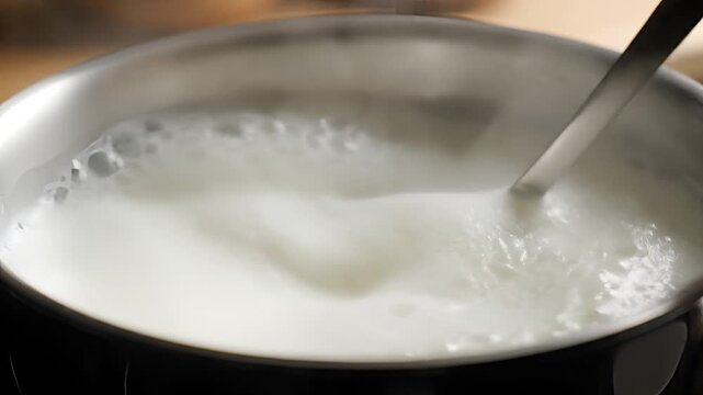 Closeup of milk boiling in a metal pot with a spoon stirring.