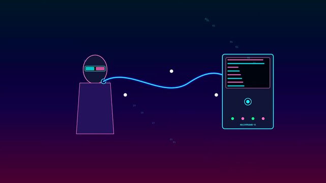A BCI neural connection sequence manifests as neon line charts flickering across computer screens while a digital humanoid head interfaces with data packets in darkness
