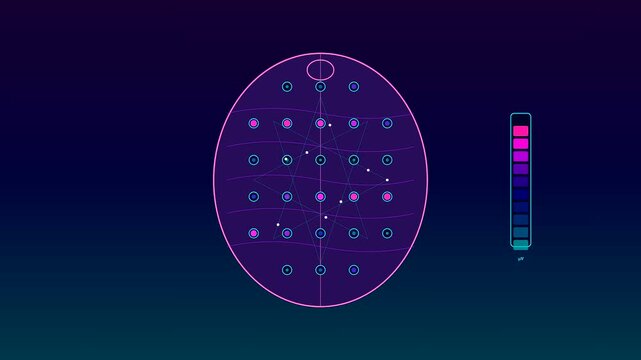 A BCI neural connection interface displays evolving digital node patterns across three shifting elliptical holographic screens illuminated by vibrant gradient neon hues within a dark void space