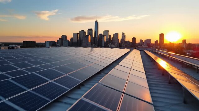 Solar panels capture sunlight as sun sets behind city skyline. Rooftop setting with buildings in background. Concept of renewable energy, urban development, green technology
