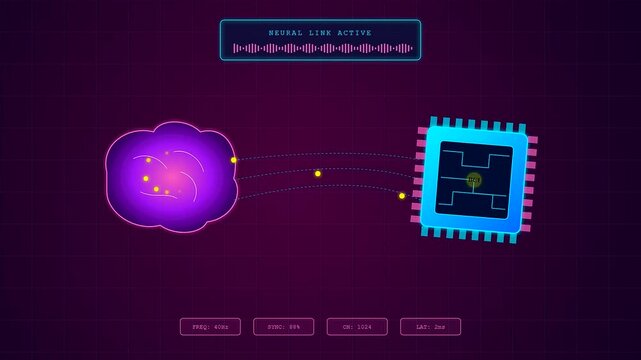 A digital BCI neural connection interface displays complex data streams transferring between glowing purple cloud nodes and square microchips on a dark grid monitor panel surface