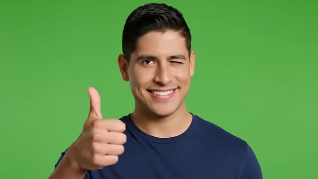 Confident young man winks and gives a thumbs-up, conveying agreement, success, and positive feedback against a green screen, ideal for dynamic video content