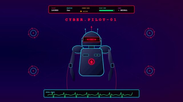 A detailed BCI neural connection interface displays a robotic figure within a glowing digital monitor showing biofeedback data patterns and status indicators in purple