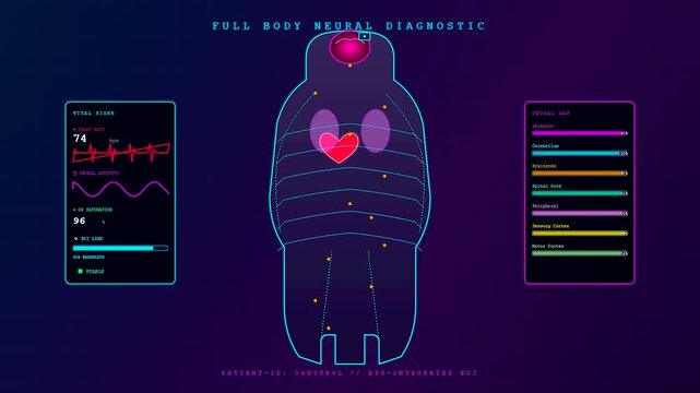 A BCI neural connection monitoring interface showing biometric data with vibrant pulsing heart icons and shifting line graphs displayed across three progressive digital medical screen panels