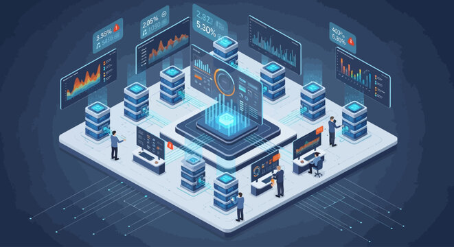 Futuristic data center with servers and screens.