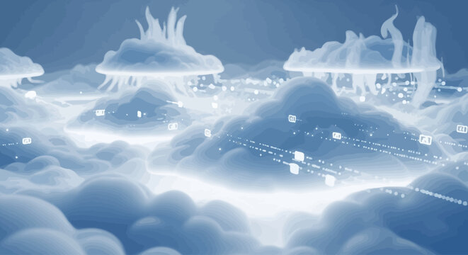 Futuristic cityscape in the clouds at dusk.