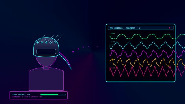 A BCI neural connection monitoring system displays shifting brainwave data patterns while showing the continuous flow of digital medical information across three distinct screen frames