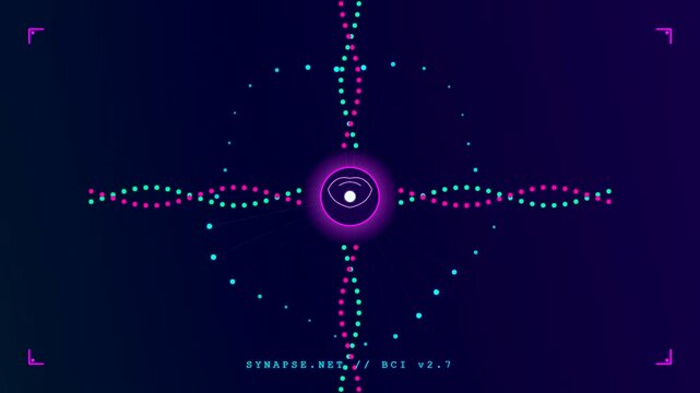 A BCI neural connection displayed as a rotating digital sequence of glowing nodes and spiraling light patterns within a dark geometric user interface panel
