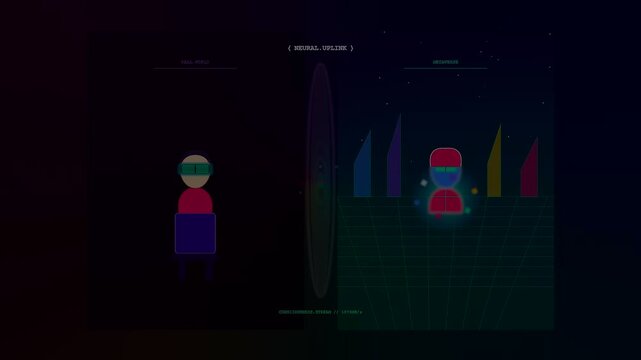 a colorful bci neural connection displays transition between a physical avatar and a virtual digital entity while data signals pulse across a dark grid screen