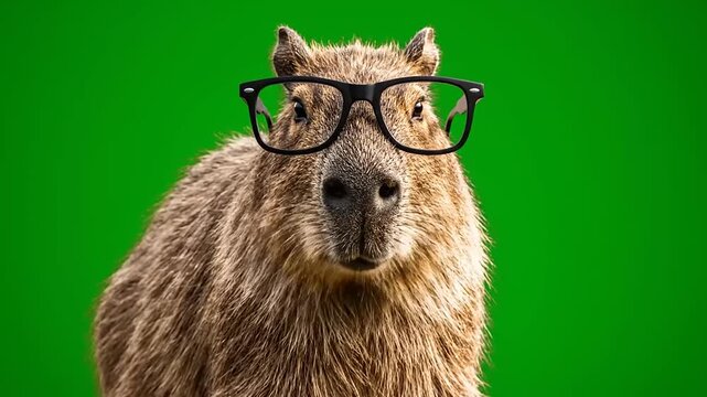 A cute capybara wearing glasses against a vibrant green background, looking directly at the camera