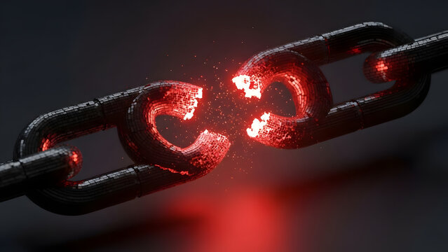 A strong metal chain dramatically breaks apart, glowing with intense red heat, symbolizing freedom, crisis, or a powerful rupture of constraints and limitations