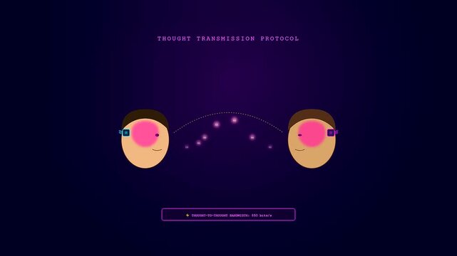 A BCI neural connection transmits digital thought signals between two human subjects wearing head mounted devices while soft glowing data streams pulse across the dark field
