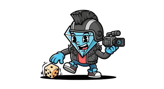 Cartoon Character Filming Dice with Retro Camera and Mohawk.