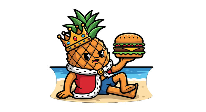 Crowned cartoon pineapple holding a cheeseburger on beach.
