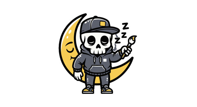 Cute cartoon skeleton holding microphone and sleeping under moon.