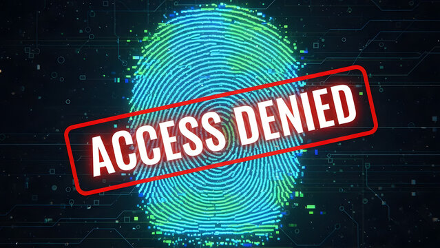 Secure digital identity concept with a fingerprint scan and a red stamp reading 'Access Denied' on a technological background