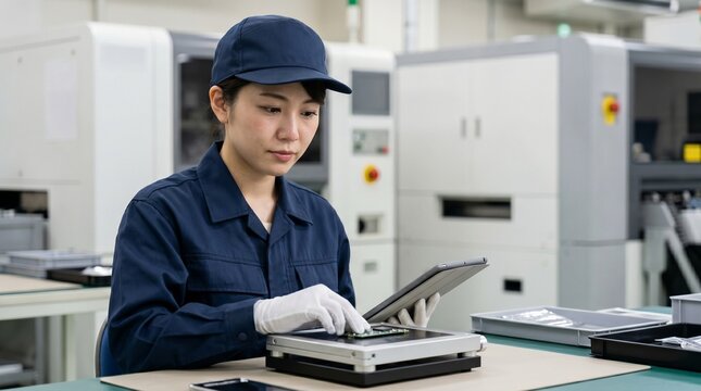製造現場でタブレットを活用して電子部品の組み立てを行う日本人女性作業員