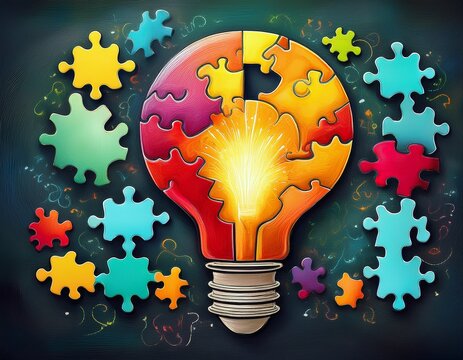 puzzle pieces add up to bright idea on chalkboard