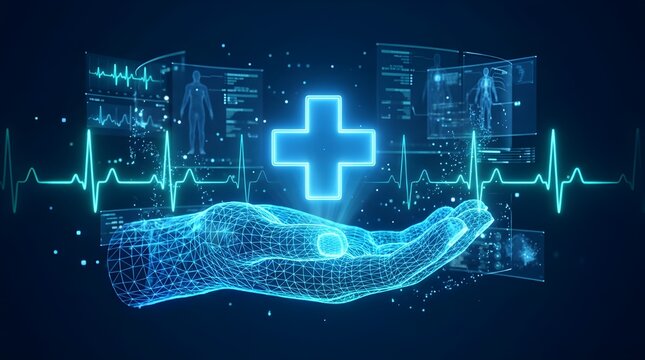 Glowing digital medical cross hovering above mesh wireframe hand representing high tech clinical diagnosis and virtual hospital patient care
