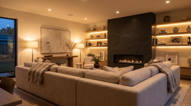 A cozy, modern living room featuring a large beige sectional, a sleek black fireplace, and warm, integrated lighting on built-in wooden shelves.