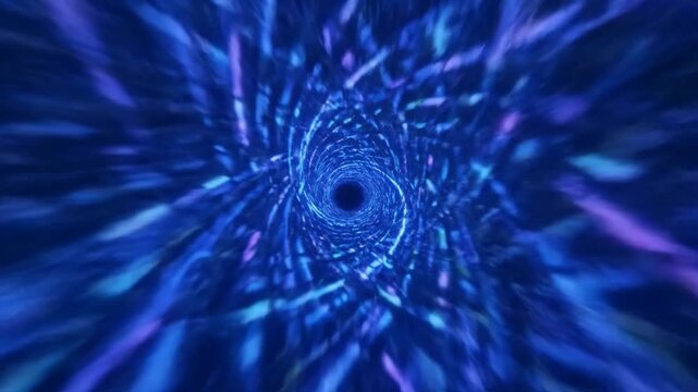 Swirling colorful vortex with vibrant light patterns creating dynamic visual effects. Abstract artistic style with deep blue tones. Concept for digital art, graphic design, visual media