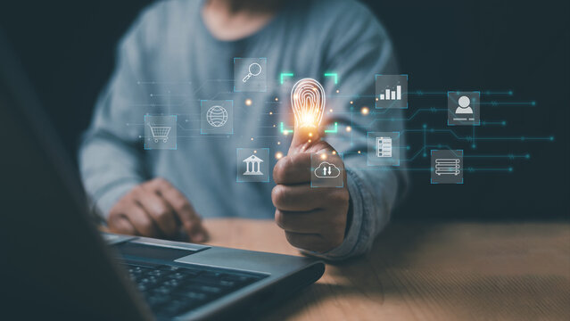 Biometric authentication concept. Businessman use fingerprint for identity verification. secure digital access, user authentication technology, cybersecurity protection and data privacy management.