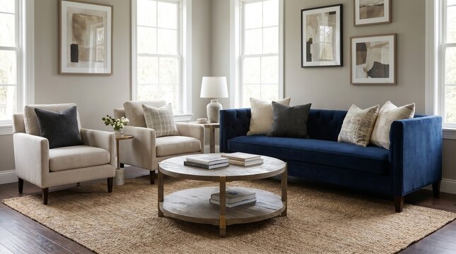 A stylish living room with a navy blue velvet sofa, beige armchairs, a round wooden coffee table, and a large jute rug under bright natural light.