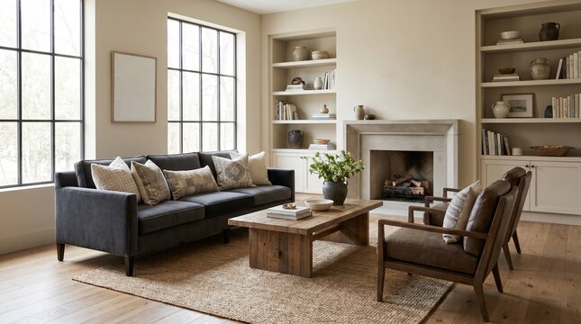 A sophisticated living room featuring a dark sofa, rustic wooden coffee table, leather armchairs, a fireplace, and large steel-framed windows.
