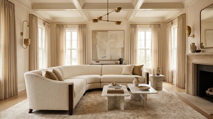 Fototapeta premium A luxurious living room with a cream curved sofa, marble tables, gold light fixtures, and neutral tones creating a serene, modern atmosphere.