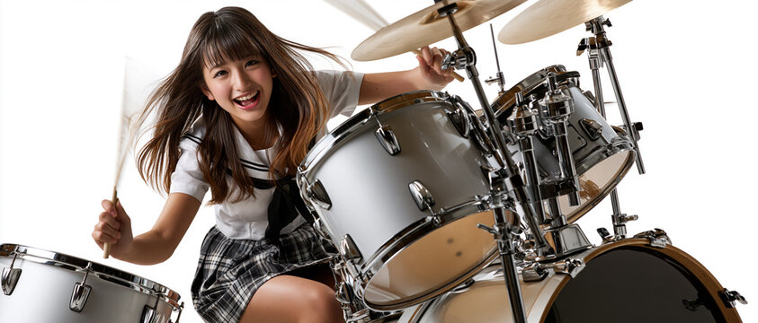Female drummer performing on drum kit in studio, music performance concept