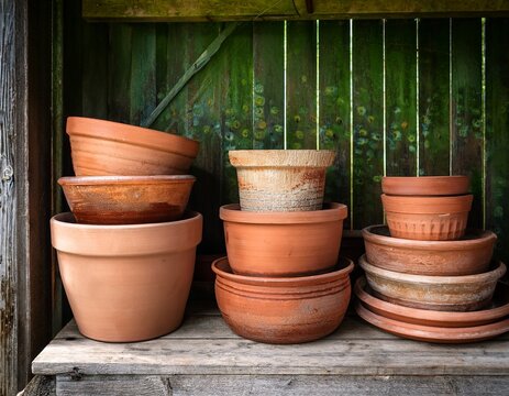 a rustic display of weathered terracotta plant pots in various sizes stacked in a wooden shed with a green backdrop reflecting aged charm