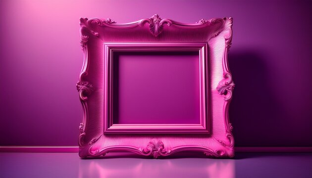 antique hot pink photo frame centered on a gradient purple wall with soft lighting casting shadows on the glossy floor below