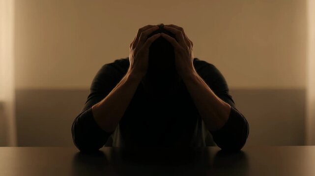 Depression silhouette head in hands slow motion