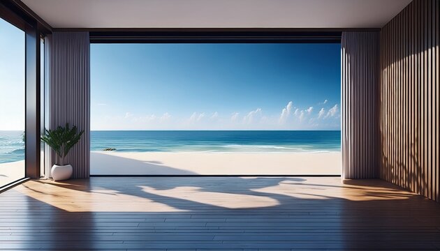 beautiful home interior space with black living room wooden floor with ocean seaside blue sky sea sand beach summer freshness travel season window view house design tropical style generative ai