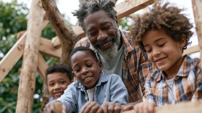 Father and two sons building a wooden structure together outdoors.