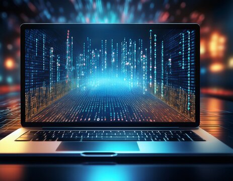 binary code data bit screen display on laptop computer screen matrix of data flow rise of the big data ai age artificial intelligence data transfer