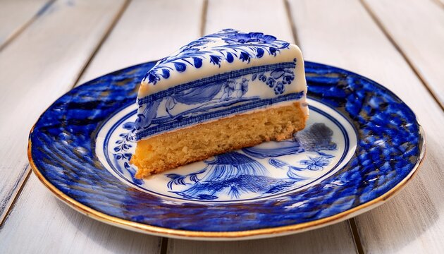a piece of cake in the style of traditional dutch pottery delft blue pattern