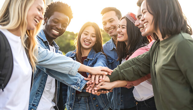 Diverse group of happy young friends stacking hands together in a circle outdoors, conveying unity and teamwork, smiling with sunlight.
