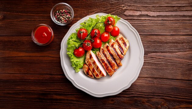 grilled chicken breast slices topped with cherry tomatoes and fresh green lettuce on a white plate with a wooden background and copyspace for text