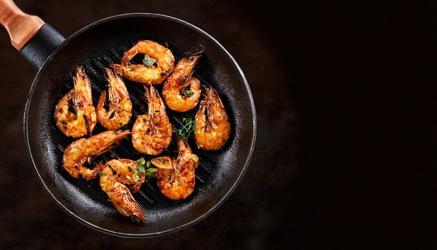 grilled shrimps displayed prominently on a frying pan capturing the enticing details of grilled shrimps from a top view perspective highlighting the deliciousness of grilled shrimps