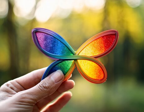 holding a rainbow infinity butterfly symbol representing adhd awareness and neurodiversity