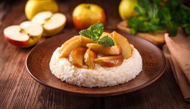 homemade rice cake with stewed apples on a rustic wooden table featuring creamy white rice golden apple slices and fresh green mint garnish