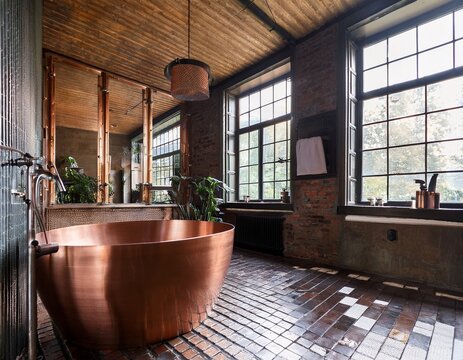 luxurious industrial bathroom with copper bathtubs and large windows